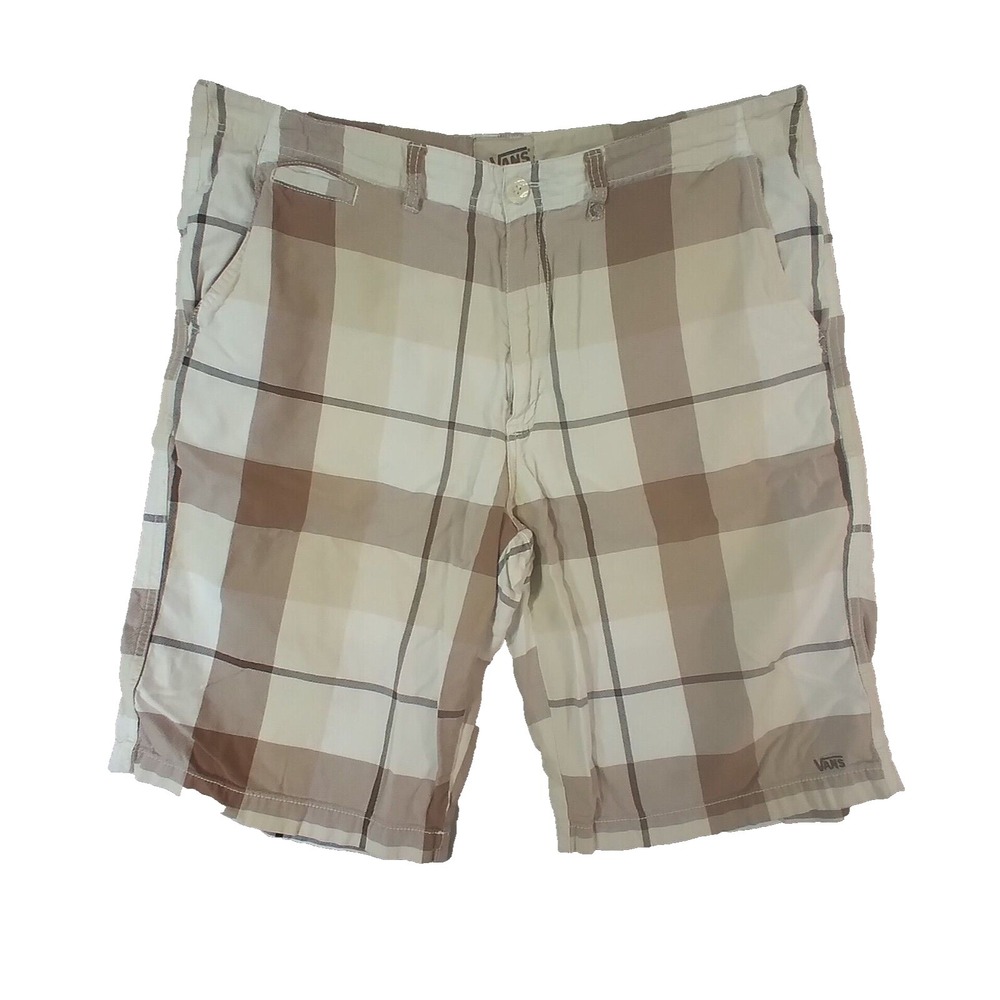 Vans shorts men's 38 x 12 brown white plaid cotton lightweight skate sports